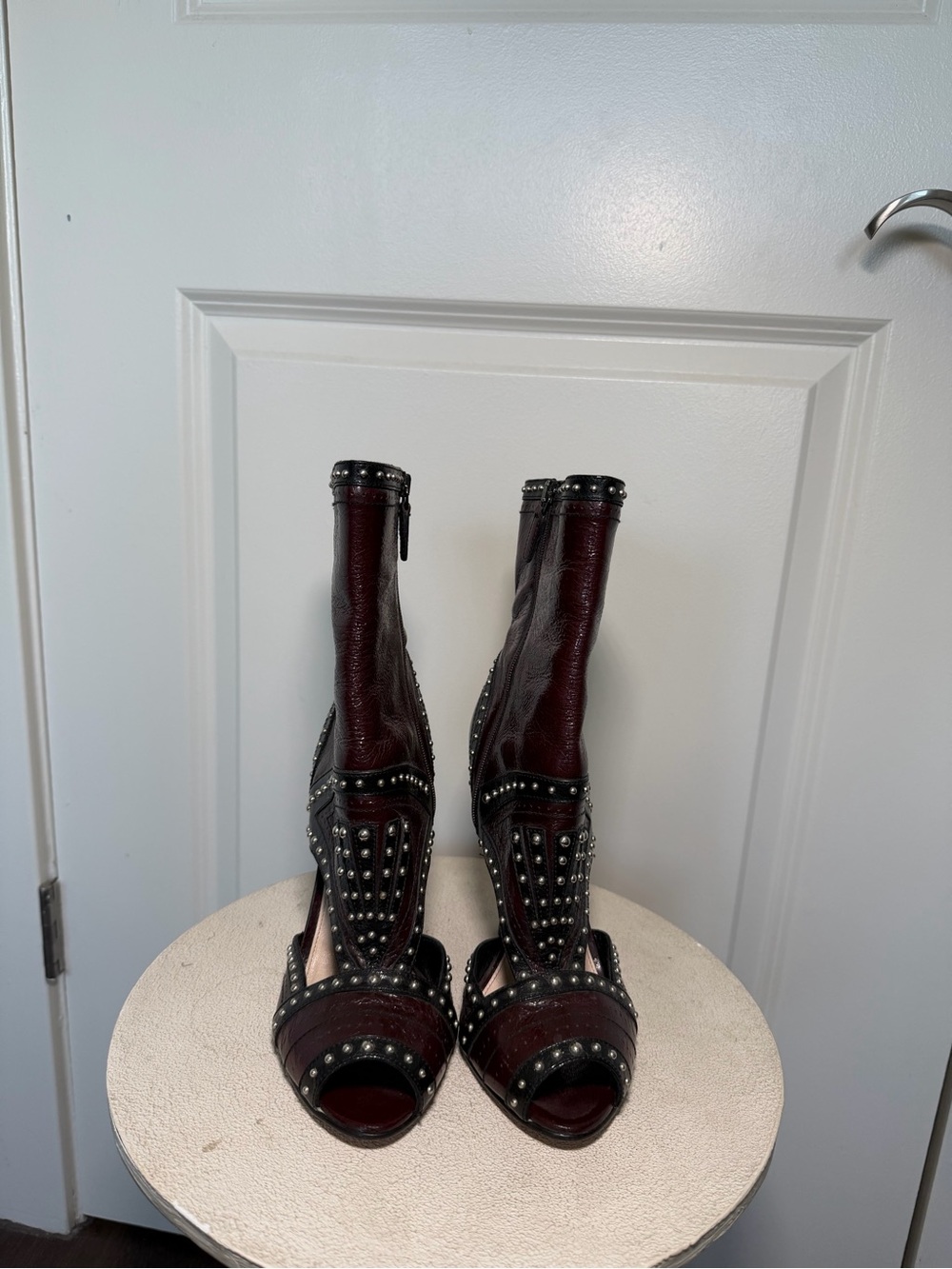 Prada Burgundy and Black Studded Leather Peep-Toe Ankle Boots - Picture 2 of 5